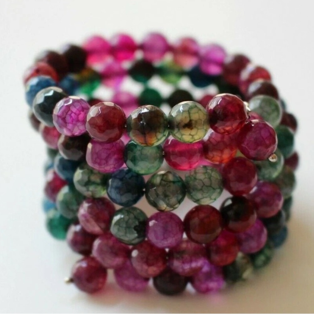 Savvy Cie Faceted Multi Color Agate Coil Wrap Festival Bracelet